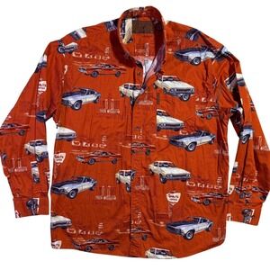 North River Outfitters Mens XL Classic Muscle Car Print Button Down Shirt Orange